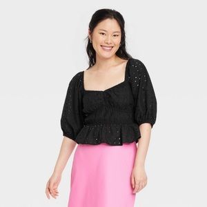 A New Day - Women's Puff Elbow Sleeve Eyelet Shirt - Black - Size M